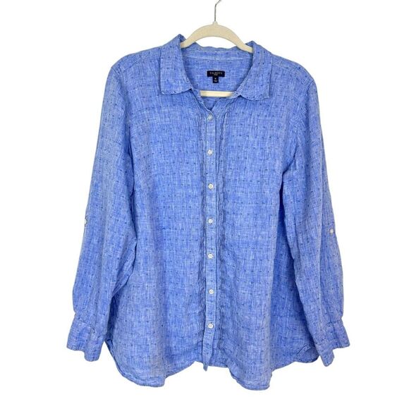 Talbots Button Up Shirt Womens 1X Blue Linen Roll Tab Sleeve Pintuck Textured - Picture 1 of 11